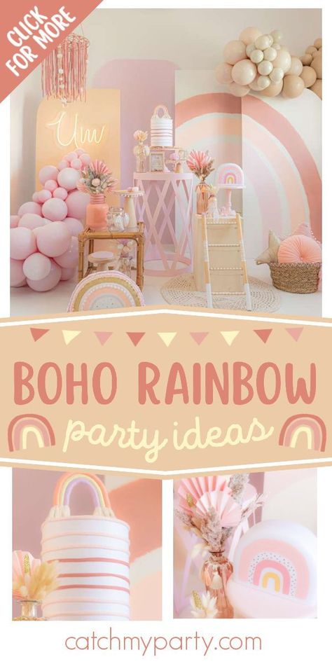 Feast your eyes on this magical boho rainbow 1st birthday party! The dessert table is gorgeous! See more party ideas and share yours at CatchMyParty.com Food Birthday Theme, Turning One Birthday Girl Themes, First Birthday Girl Rainbow Theme, Baby 1st Birthday Girl Party Ideas, Baby Girl 1st Birthday Ideas, 1 Birthday Decoration, Boho Rainbow 1st Birthday Party, 1st Birthday Girl Party Ideas, First Birthday Girl Themes