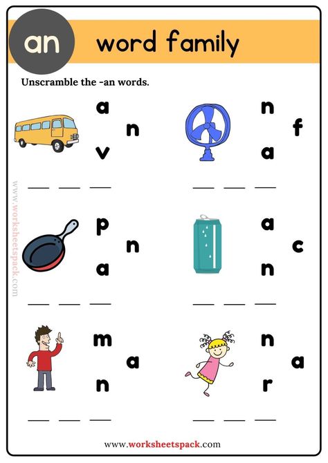 An Word Family - worksheetspack Word Family An Worksheets, An Word Family Worksheet, An Family Words Worksheets, Am Family Words Worksheet, 3 Letter Words Worksheets, Blending Letters, An Words, An Word Family, Word Families Worksheets