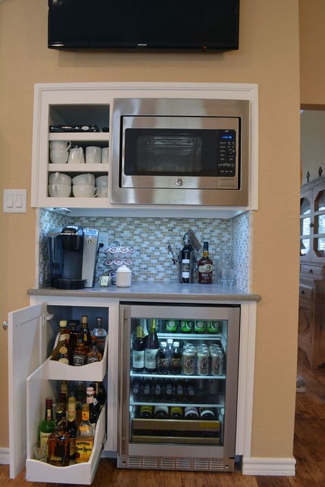 Custom Beverage Bar with slide-out wine rack, built in cooler and built-in microwave! #beveragebar #homeremodeling #customdesign Coffee/wine Bar, Coffee Bar Design, Home Coffee Stations, Beverage Center, Home Coffee Bar, Coffee Bar Home, Built In Microwave, Basement Bar, Butler's Pantry