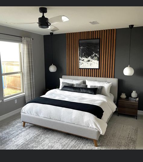 Horizontal Wood Slat Wall Bedroom, Men's Bedroom Design Masculine, Sophisticated Boys Bedroom, Slate Headboard, Male Room Ideas Masculine Bedrooms, Young Adult Male Bedroom Ideas, Adult Male Bedroom Ideas, Modern Boho Bedroom Ideas, London Room