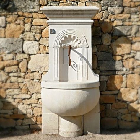 Stone Wall Fountain ǀ Garden Fountain in Stone ǀ French Stone Fountain Stone Wall Fountain, Hyper Tufa, Limestone Fountain, Stone Trough, Iron Water, French Limestone, Fountain Design, Stone Fountains, Water Gardens