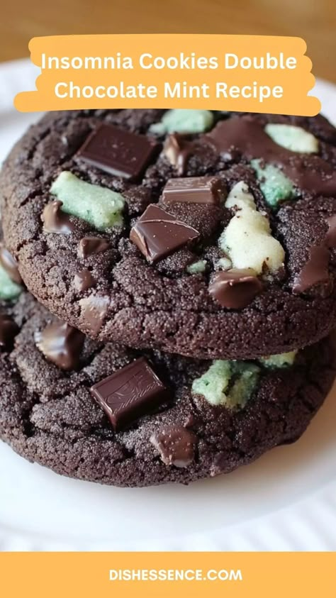 Insomnia Cookies Double Chocolate Mint Recipe – Dish Essence Chocolate Mint Chip Cookies Recipe, Andes Mint Chocolate Cookies, Double Chocolate Mint Cookies, Mint M&m Recipes, Mint Cookies Christmas, Chocolate Mint Desserts, Mint Dessert Recipes, Chocolate Mint Chip Cookies, Mint Oreo Cookies