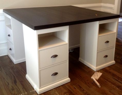 4 Person Craft Table, Diy 2 Person Desk, Counter Height Desk, Homeschool Desk, Diy Homeschool, Homework Desk, Desk Base, Armoire Ikea, Crafts Table