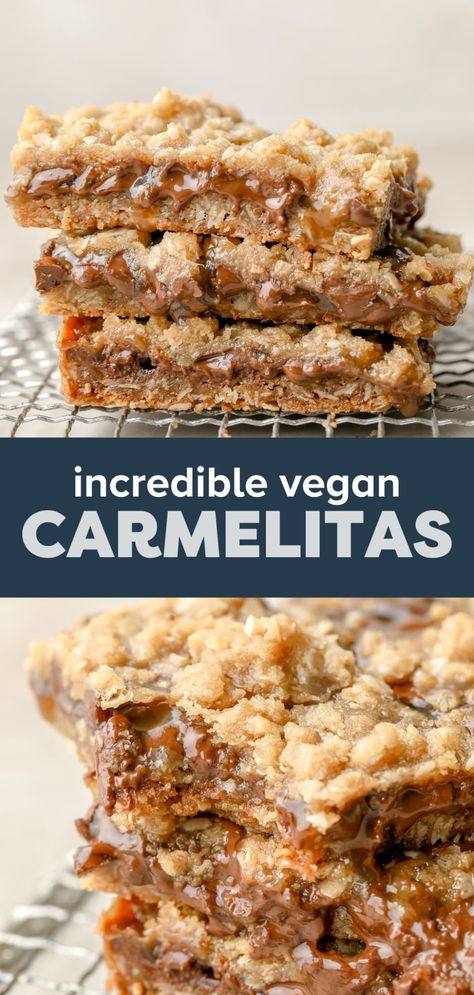 Vegan Carmelitas Vegan Sweet Potato Dessert, Vegetarian Desserts Easy, Vegan Bars Dessert, Delish Recipes Desserts, Vegan Carmelitas, Vegan Fall Recipes Desserts, Vegan Caramel Apples, Vegan Candy Recipes, Vegan Desserts Easy Quick