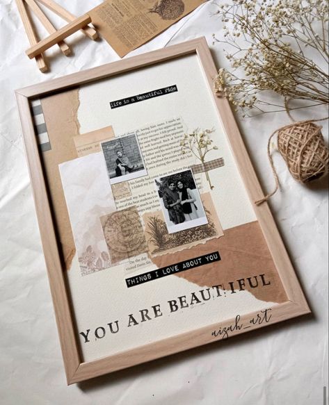 Collage Gift Ideas For Boyfriend, Diy Frame Gift, Aesthetic Photo Frame Gift, Decorated Notebooks Cover Aesthetic, Scrapbook Photo Frame, Collage Ideas Projects, Photo Collage Ideas Gift, Aesthetic Photo Frames, Photo Collage Gift Ideas