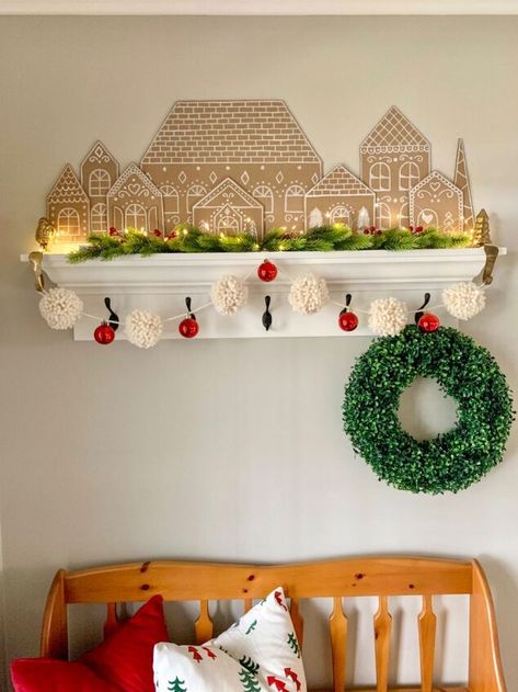 Christmas Shelf Decor Ideas, Gingerbread House Village, Christmas Shelf Decor, Diy Gingerbread House, Cardboard Gingerbread House, Shelf Decor Ideas, Tableware Ideas, Ginger Bread House Diy, Diy Gingerbread