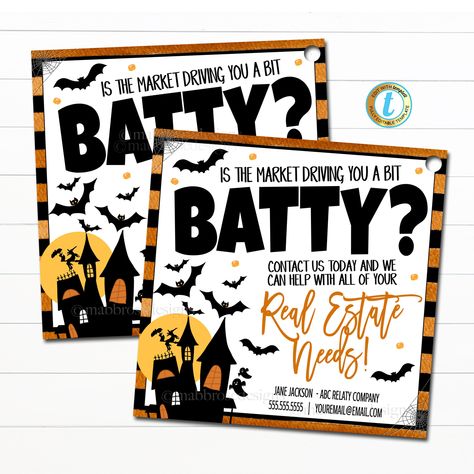 Halloween Real Estate Marketing Pop By Gift Tags - Is the Market Driving You Batty?!  These autumn fall realtor marketing tags are customizable by you - all text is editable so you can make them read whatever you wish for your halloween marketing needs!  Works great for fall customer referrals, open houses and client thank you gifts!  TEMPLATE FORMATTED SIZES: 3.5" x 3.5" (Tag) *print multiple tags (6 per sheet) by going to download - pdf - click on 'save paper' IMPORTANT: This is a DIY self-edi Fall Pop Bys Real Estate, Fall Real Estate Marketing Ideas, Halloween Marketing Ideas, Pop By, Office Marketing, Referral Marketing, Marketing Gift, Realtor Marketing, Tag Print