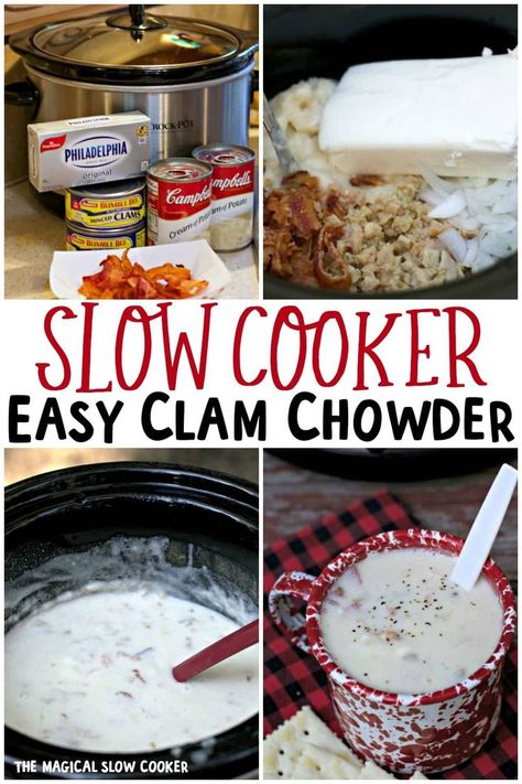 Slow Cooker Easy Clam Chowder. Great for an easy weeknight dinner. #crockpot #clamchowder Weeknight Dinner Crockpot, Crockpot Clam Chowder, Slow Cooker Clam Chowder, Clam Chowder Recipe, Dinner Crockpot, Slow Cooker Easy, Magical Slow Cooker, Cream Of Potato Soup, The Magical Slow Cooker