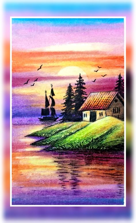 Jain Cultural & Educational Centre Soft Pastel Drawing Landscapes, Oil Pastel Scenery, Beautiful Scenery Drawing, Oil Pastel Landscape, Sky Scenery, Gambar Lanskap, Oil Pastel Drawings Easy, Soft Pastels Drawing, Oil Pastel Colours