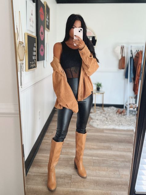 Leather Leggings Tall Boots Outfit, Leggings And Cowboy Boots Outfits, Faux Leather Leggings Boots, Tall Boots Outfit, Faux Leather Leggings, Boots Outfit, Leather Leggings, Tall Boots, Cowgirl Boots