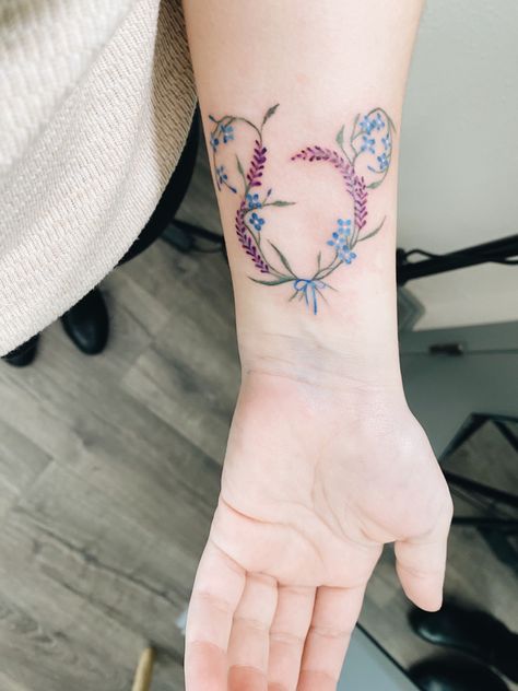 Lavender floral Mickey tattoo Hidden Mickey Flower Tattoo, Floral Mickey Tattoo, Floral Disney Tattoo, Disney Floral Tattoo, Hidden Disney Tattoo, Epcot Tattoo, Hidden Mickey Tattoo, Disney Inspired Tattoo, Vintage Mickey Art