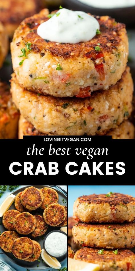 Vegan Pescatarian Recipes, Plant Based Crab Cakes, Vegan Crab Recipes, Vegetarian Crab Cakes, Vegan Palm Heart Recipes, Vegan Crab Meat, Heart Of Palm Crab Cakes, Vegan Fish Cakes, Vegan Crab Cakes Lions Mane