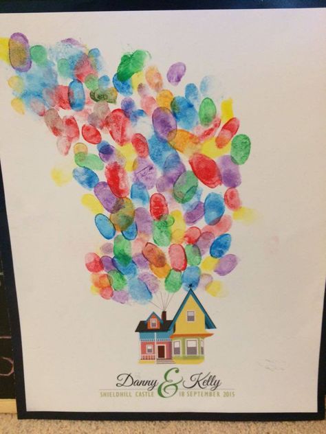 Wedding Thumbprint Picture - UP themed #wedding #disney #UP #house #balloon #colourful #multicoloured #carl #ellie #bride #groom #thumbprint #guestbook Up Themed Housewarming Party, Up Disney Birthday Party, Up Bedroom Disney, Up Movie Birthday Party, Up Themed Engagement Party, Up Theme Centerpiece, Disney Up Party Ideas, Up Graduation Theme, Up Movie Classroom Theme