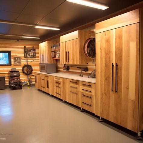 10 Wood Garage Cabinet Ideas to Enhance Your Workshop Wood Panel Garage Walls, Wood Shop Cabinets, Garage With Cabinets, Whole Wall Cabinets, Garage Countertop Ideas, Shop Cabinets Ideas, Garage Cabinet Ideas, Plywood Garage Walls, Kitchen Cabinets In Garage