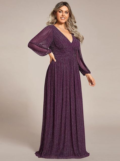 Amazon.com: Ever-Pretty Women's Glitter Long Sleeves Pleated Floor Length Evening Formal Dresses Plus Size Black 26 : Clothing, Shoes & Jewelry Purple Dresses Plus Size, 2024 Plus Size Fall Fashion, Empire Waist Dress Formal, Plus Size Dresses To Wear To A Wedding, Plus Size Gala Dress, Plus Size Formal Wear, Wedding Hairstlyes, Scene Fit, Plus Size Evening Gowns