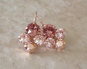 Pink Wedding Earrings, 14k Rose Gold Jewelry, Rose Gold Earrings Wedding, Crystal Cluster Earrings, Morganite Jewelry, Swarovski Crystal Drop Earrings, Morganite Earrings, Inexpensive Jewelry, Crystal Teardrop Earrings