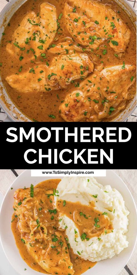 Smothered chicken is a 30-minute, one-pan meal made with tender, seasoned chicken breasts and caramelized onions simmered in a homemade gravy served with mashed potatoes, rice, or pasta! Chicken Rice And Gravy, Easy Smothered Chicken, Smothered Chicken Recipe, Pan Chicken Breast, Chicken Breast Oven, Chicken Mashed Potatoes, Smothered Chicken, Easy Chicken Breast, Chicken Breast Recipes Easy