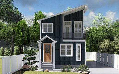 Beach-inspired design with a loft area for added functionality and charm. Two Story Tiny House, Tiny House Camper, Sims Inspiration, Narrow Lot House, Narrow Lot House Plans, Minimal House, Small House Layout, Two Story House Plans, Best Tiny House