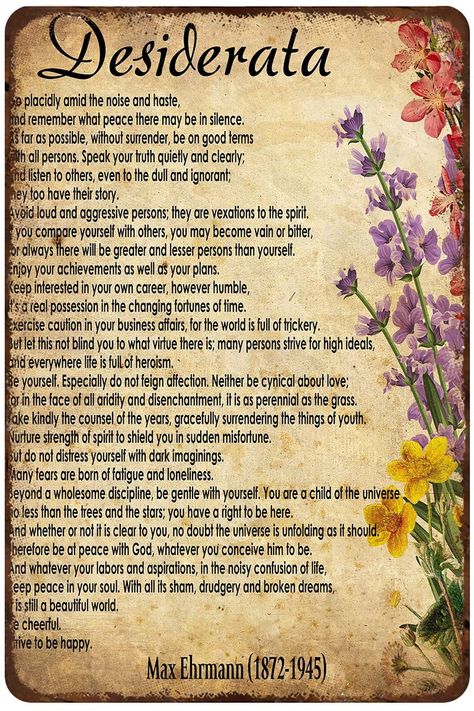 Desiderata Poem, Hummingbird Artwork, Bar Street, Religious Poems, Literary Posters, Poster Decorations, Motivational Wall Decor, Inspirational Poems, Tin Metal