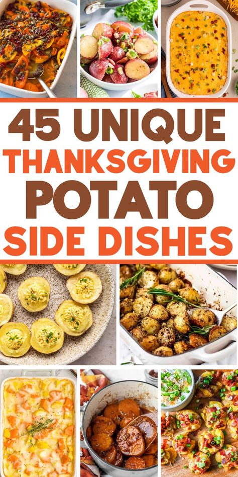 Unique potato side dishes for Thanksgiving, including mashed potato and sweet potato recipes, cheesy potatoes and scalloped potato dishes for your holiday menu. Fall Potato Side Dishes, Thanksgiving Potatoes Side Dishes, Best Potato Side Dishes, Unique Thanksgiving Side Dishes, Thanksgiving Potatoes Recipes, Potato Meals, Pumpkin Drink Recipes, Side Dishes For A Crowd, Side Dishes For Thanksgiving