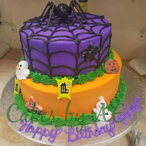 2 tier Halloween cake! All buttercream! Only my second 2 tier cake. Two Tier Halloween Cakes, 2 Tier Halloween Cake, Halloween Cake Ideas, Beach Wedding Headpieces, Gold Beach Wedding, Mermaid Hair Accessories, Halloween Birthday Cakes, How To Do Eyebrows, 2 Tier Cake