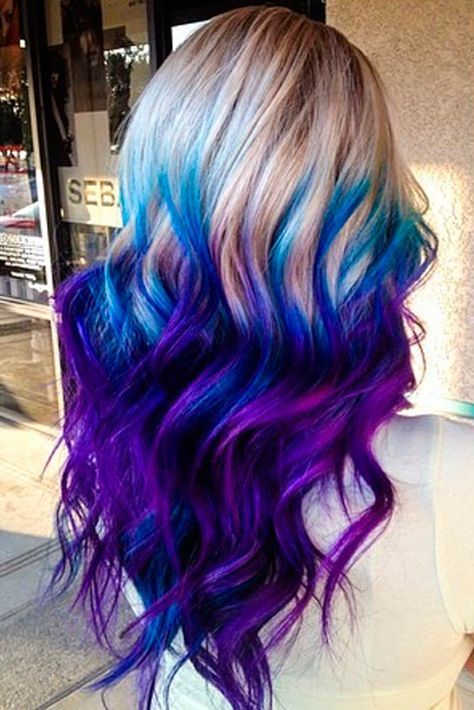 Purple and blue hair hair styles are all the rage, and we wish to experiment with the hair color. Blonde Colorful Hair Ideas, Galaxy Hair Color Ombre, Purple And Blue Hair, Galaxy Hair Color, Blue Purple Hair, Underlights Hair, Galaxy Hair, Kadeřnické Trendy, Hair Color Crazy