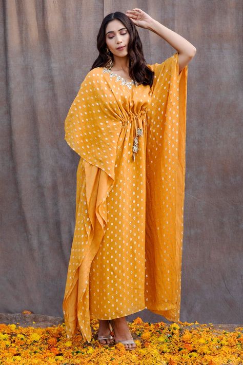 Buy Silky Bindra Mirror Embellished Kaftan Online | Aza Fashions Mirror Work Kaftan, Yellow Kaftan, Yellow Mirror, Yellow Mirrors, Asian Bridal, Indo Western, Pakistani Bridal, Yellow Fabric, Mirror Work