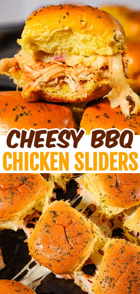 BBQ Chicken Sliders are an easy weeknight dinner recipe using rotisserie chicken tossed in BBQ sauce and baked on dinner rolls with Monterey Jack cheese. Bbq Chicken Sliders Crockpot Easy, Sliced Chicken Sliders Recipes, Rotisserie Chicken Recipes Appetizers, Easy Bbq Chicken Sliders, Bbq Chicken Rolls, Rotisserie Bbq Chicken Sandwiches, Chicken Football Recipes, Bbq Shredded Chicken Sliders, Cheesy Chicken Sliders