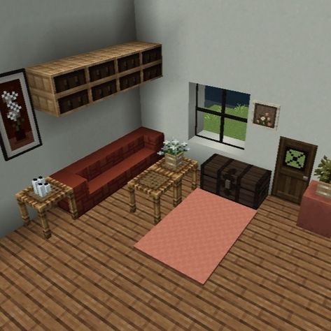 Mc Living Room Ideas, Small Living Room Minecraft, Minecraft Small Living Room Ideas, Living Room Design Minecraft, Minecraft Building Ideas Living Room, Minecraft Sitting Room, Living Room Ideas In Minecraft, Minecraft Furniture Ideas Living Rooms, Cute Minecraft Living Room