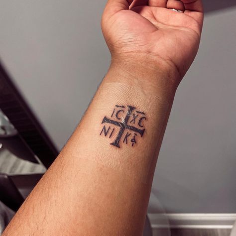 IC XC NI KA Christian Orthodox Tattoo, Orthodox Christianity Tattoo, Ave Christus Rex Tattoo, Orthodox Christian Tattoo, Orthodox Tattoo Ideas, Greek Orthodox Tattoo, Serbia Tattoo, Orthodox Tattoos, Orthodox Cross Tattoo