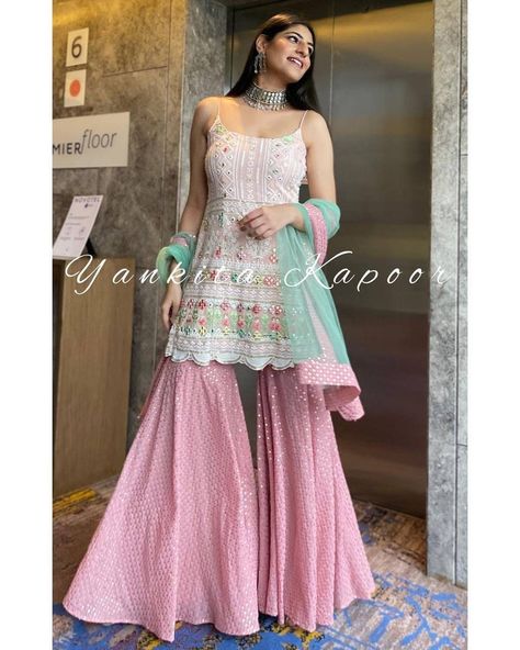 Mirror Hand Work, Indian Party Wear Dresses, Pink Sharara, Bollywood Suits, Sharara Designs, Wedding Outfits For Women, Salwar Suits Party Wear, Dresses Fancy, Party Wear Gown