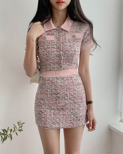 Tweed Cropped Jacket and Mini Skirt Two Piece Set Tweed Coordinates Outfit, Korean Tweed Outfit, Tweed Cropped Jacket, Tweed Two Piece, Rich Girl Outfits, Coordinates Outfits, Tweed Outfit, Sour Tour, Cute Asian Fashion