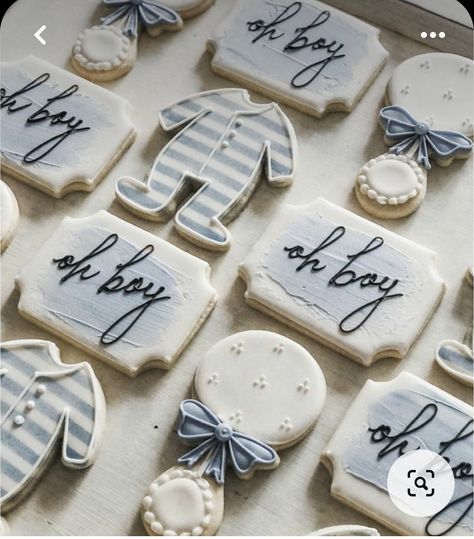 Baby Boy Shower Cookie Ideas, Baby Boy Sugar Cookies Royal Icing, Oh Baby Cookies Decorated, Baby Sprinkle Cookies Boy, Oh Boy Cookies Decorated, Neutral Blue Baby Shower Ideas, Oh Boy Baby Shower Cookies, Blueberry Baby Shower Cookies, Boy Baby Shower Cookies Decorated