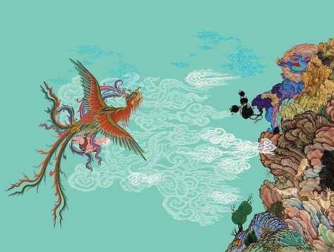 New York–based artist Hamid Rahmanian's new illustrated version of the classic Iranian myth Shahnameh draw on thousands of carefully orchestrated elements from paintings, lithographs, and manuscript miniatures from Iran, Mughal India, and the Ottoman Empire between the 15th and 19th centuries. Mythical Birds, Persian Art Painting, Hawaii Art, Persian Miniature, Art Asiatique, Iranian Art, Arabian Nights, Medieval Art, Miniature Art