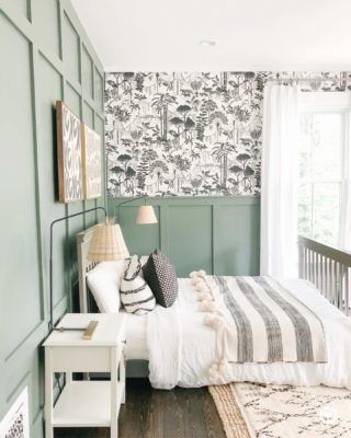 Forest Green Bedrooms, Wallpaper Design For Bedroom, Grey Bed Frame, Beige Bed, Gorgeous Bedrooms, Bedroom Photos, Board And Batten, Bedroom Green, Rustic Bedroom