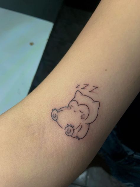 Cute Snorlax Tattoo, Pokemon Tiny Tattoo, Small Snorlax Tattoo, Cute Small Pokemon Tattoo, Small Geek Tattoos, Dainty Pokemon Tattoo, Small Nerd Tattoos, Safe Space Tattoo, Mini Pokemon Tattoo