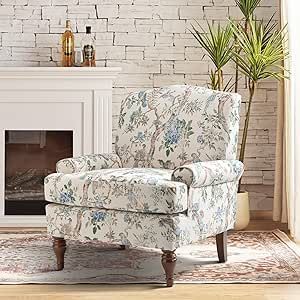 HULALA HOME Accent Chair with Solid Legs & Removable Cushion, Blue Floral Comfy Upholstered Armchair, Leisure Single Sofa Chair for Living Room Bedroom Floral Accent Chairs, Shabby Chic Living Room Furniture, Chic Living Room Furniture, Floral Armchair, Chairs For Living Room, Patterned Armchair, Velvet Living Room, Upholstered Armchair, Upholstered Accent Chairs