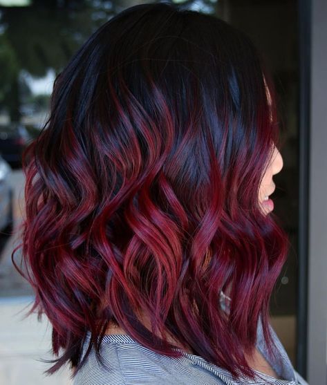 Bright Burgundy Balayage with Black Roots Mulled Wine Hair, Pelo Color Vino, Burgundy Red Hair, Black And Burgundy Hair, New Hair Color Trends, Wine Hair Color, Dark Red Hair Color, Maroon Hair, Red Ombre Hair