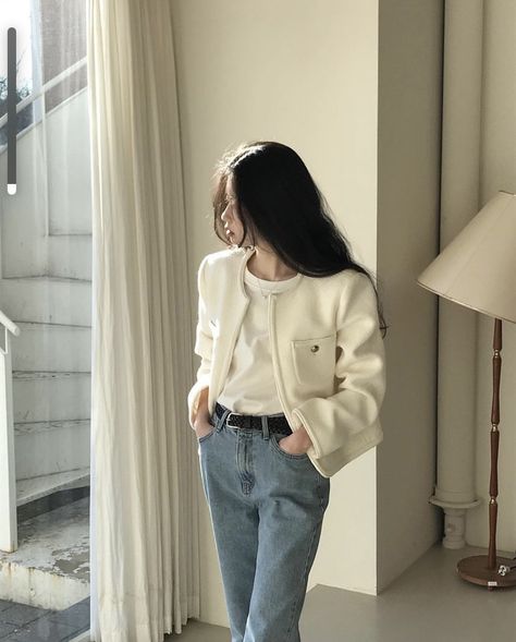 East Asian Fashion, Instagram Archive, Fabric Wool, Modest Fashion Outfits, 가을 패션, Soft Girl, Color Ivory, Crop Jacket, Tweed Jacket