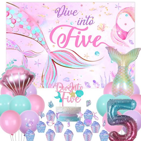 PRICES MAY VARY. Package Includes: You will get 1 x dive into five backdrop, 1 x number 5 foil balloon 40 inches (Helium Supported), 12 x latex balloons 12 inches(4 pink, 4 blue, 4 purple), 1 x shell foil balloon 18 inches(No Helium Supported), 1 x mermaid tail foil balloon(No Helium Supported), 1 x glitter dive into five cake topper, 12 x mermaid cupcake toppers, which can meet all your mermaid dive into five birthday party decorations Mermaid Theme Design: The dive into five birthday decoratio 3 Themed Birthday Party Girl, Dive Into Five Birthday Girl, Dive Into 5 Birthday Party, Fifth Birthday Party Ideas Girl, Girl 5th Birthday Party Themes, Girls 5th Birthday Party Ideas, 5 Year Birthday Party Ideas, 5th Birthday Ideas For Girls Themes, Mermaid Cupcake Toppers