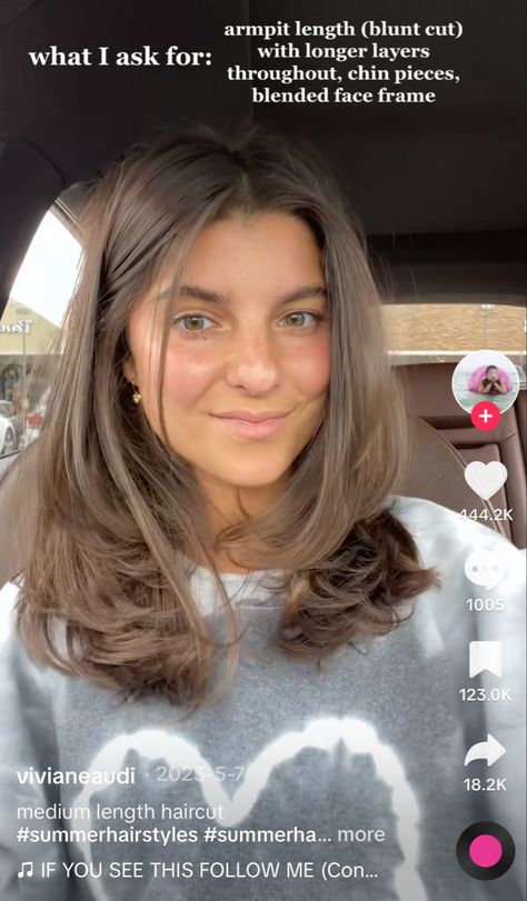 Womens Haircuts Medium Face Framing, Medium Brown Hair Haircuts, Highlights Brown Hair Lob, Long Brown Hair Round Face, Good Haircuts For Thinner Hair, Haircut Collarbone Length, Haircuts For Mid Length Straight Hair, Medium Hair With Framing Pieces, Color One Length Hair