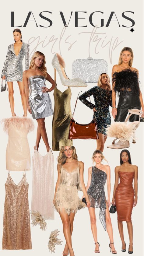 Las Vegas wardrobe for your next girls trip. #lasvegasdress #lasvegas #lasvegaslooks #ootd #lasvegasoutfit #glitterdress #flashystyle #sequindress #partydress #bacheloretteparty #bachelorettedress #lastdisco #partyoutfit #lastrodeo #weddingguest #weddinglooks #discoparty #festivaloutfit #LTKFind #liketkit Vintage Las Vegas Outfits, Vegas Theme Party Outfit Ideas, Las Vegas Bridesmaid Dresses, Birthday Vegas Outfit, Vegas Theme Party Outfit Costumes, Las Vegas Outfit Night Out, Night In Vegas Theme Party Outfit, Vegas Casino Theme Party Outfit, Las Vegas Outfit Party