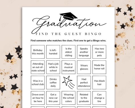 "INSTANT DIGITAL DOWNLOAD - NO PHYSICAL PRODUCT WILL BE SHIPPED! Simply download and print! Make your graduation party even more memorable with Graduation Find a Guest Bingo Game! This interactive and entertaining game is perfect for celebrating the achievements of the graduate and bringing everyone together in a fun and engaging way. Graduation Find a Guest Bingo game features a unique twist on the classic bingo game. Instead of numbers, the bingo squares are filled with various characteristics or experiences that guests may have had during their time in school or at the graduation event. From \"Had perfect attendance\" to \"Attending an out-of-state school,\" these fun prompts will get your guests mingling and sharing their memories. As guests socialize, they can go around finding fellow Graduation Bingo, Guest Bingo, Free Printable Bingo Cards, Graduation Games, Free Bingo Cards, Graduation Party Games, Graduation College, Bingo Template, High School Graduation Party