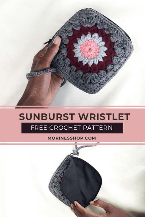 Sunburst Crochet Wristlet, free zipper pouch pattern - Morine's Shop Clutch Crochet Pattern Free, Sunburst Crochet, Zipper Pouch Pattern, Crochet Wristlet, Wristlet Patterns, Yarn Project, Crochet Eyes, Crochet Knit Stitches, Crochet Pouch