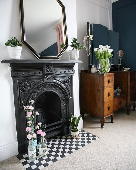 Restored cast iron fireplace with vintage dressing table Victorian Cast Iron Fireplace, Fireplace Hole, Fireplace Hearth Ideas, Hearth Ideas, Vintage Dressing Table, Gorgeous Fireplaces, Victorian Living Room, Iron Fireplace, Victorian Fireplace