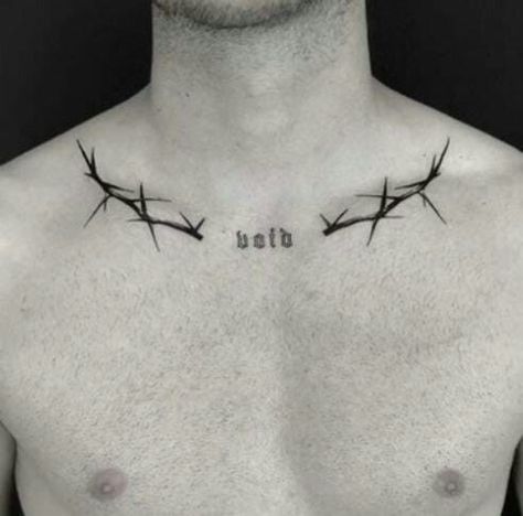 Collar Bone Thorn Tattoo, Thorn Tattoo Neck, Thorns Chest Tattoo, Thorns Collarbone Tattoo, Minimalist Chest Tattoo Men, Thorn Chest Tattoo, Thorn Collar Bone Tattoo, Colar Bone Tattoo Men, Minimalist Chest Tattoo