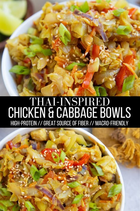 chicken and cabbage bowls Healthy Chicken Vegetable Recipes, Chicken Cabbage Carrots Stir Fry, Keto Cabbage And Chicken Recipes, Chicken Green Bell Pepper Recipes, Recipes With Cooked Cabbage, Healthy Fiber Recipes, Bell Peppers And Chicken Recipes, Dinner With Cabbage Meals, Joyful Healthy Eats Recipes