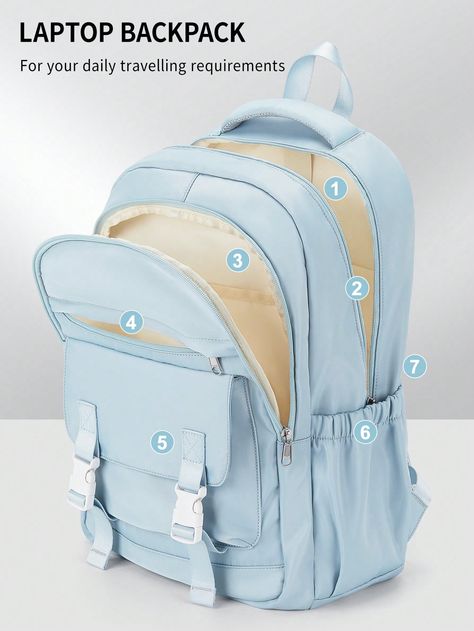 Blue Casual,Preppy Collar  Polyamide Colorblock Classic Backpack Embellished   Women Bags Backpacks For Middle School Trendy, Book Bags For Middle School, Pretty Bookbags, Blue School Backpack, School Bags Aesthetic, Aesthetic Backpacks For School, Aesthetic Bags For School, Aesthetic School Bag, Blue School Bag