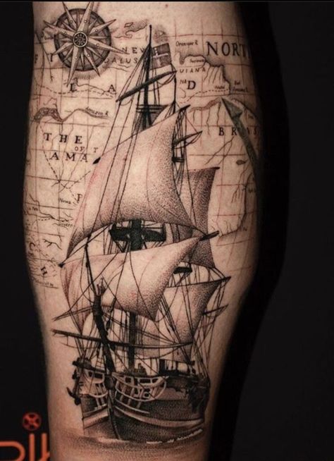 Pirate Tattoo Ideas, Pirate Map Tattoo, Ship Tattoo Sleeves, Pirate Skull Tattoos, Pirate Ship Tattoos, Nautical Tattoo Sleeve, Pirate Ship Tattoo, Boat Tattoo, Sailor Tattoos