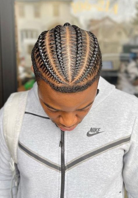 4 Braids For Black Hair Men, 4 Braids To The Back Men, Men Braided Hairstyles Short Hair, Male Scalp Braids, Men’s 4 Braids Hairstyles, Simple Mens Cornrows, Short Mens Braids Hairstyles, Mens 6 Cornrows, 4 Mens Braids